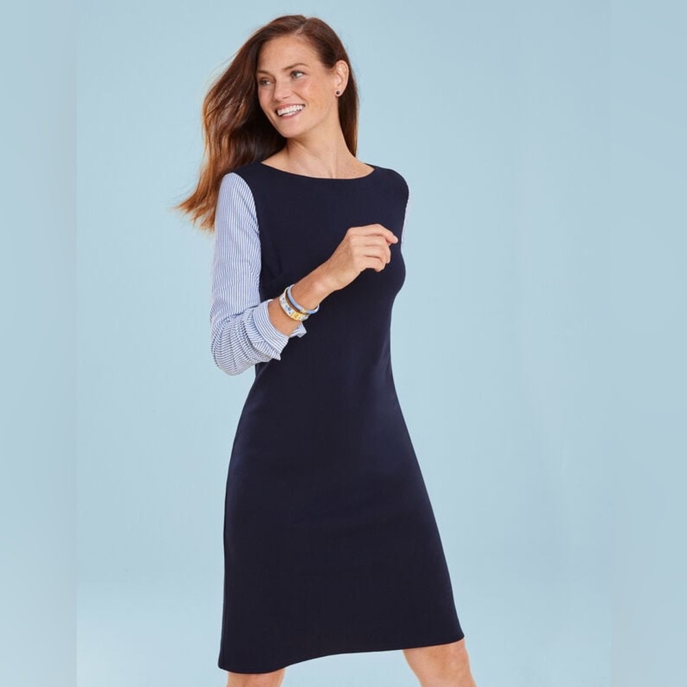 New Talbots Women’s Navy/White Stripe Sleeves Interlock Shift Dress Size XL